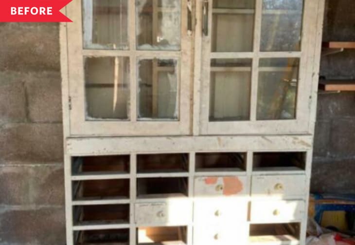 Before: Run-down china cabinet with paint on glass and drawers missing