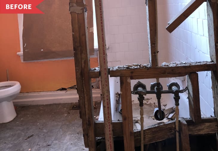 Before: Dilapidated bathroom with orange walls