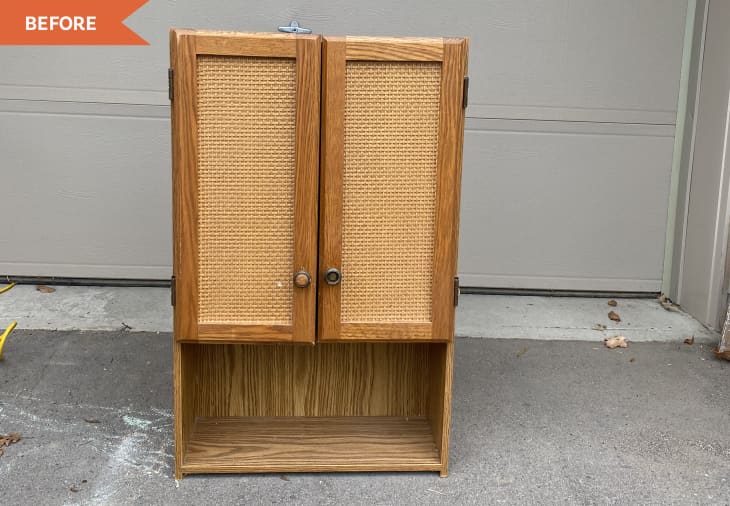 Before: plain wood cabinet with two doors and an open shelf on the bottom