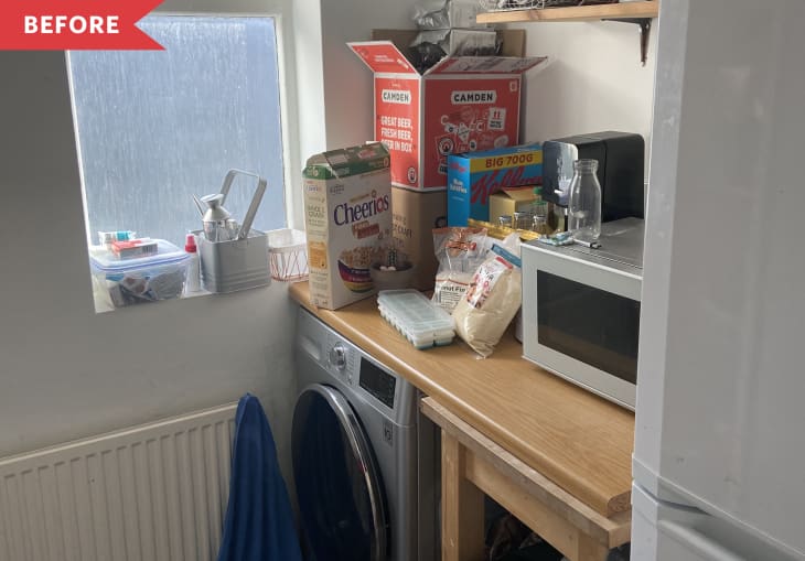 Before: cluttered laundry area with plain white wawlls