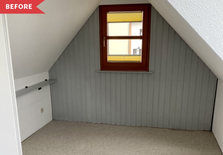 Before: Empty attic closet with slanted roof