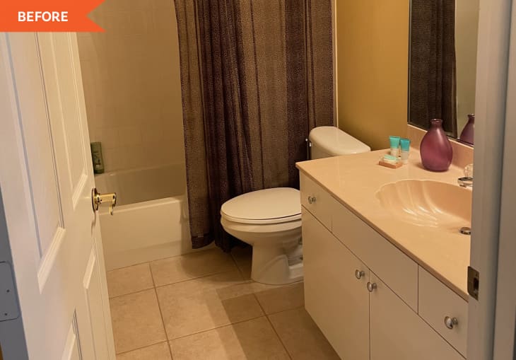 Before: Dated bathroom with seashell sink and gold walls