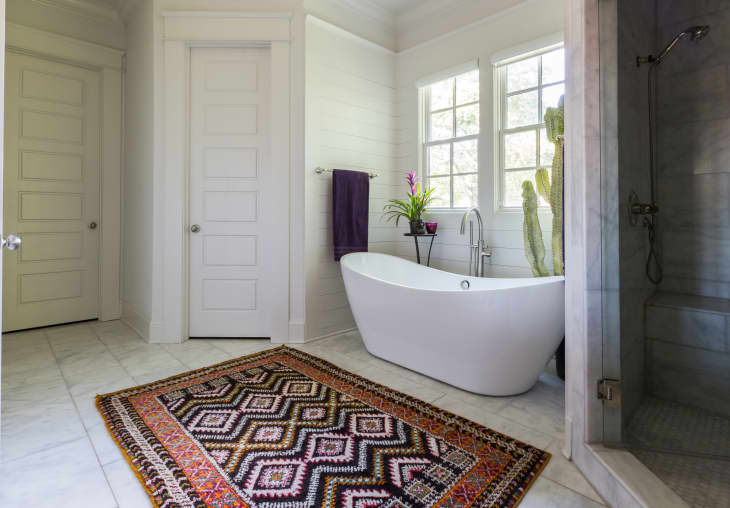 Freestanding bathtub with plants, geometric rug, and glass shower in a bright bathroom.
