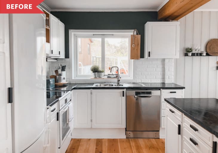 Before: Kitchen with white cabinetry and white fridge