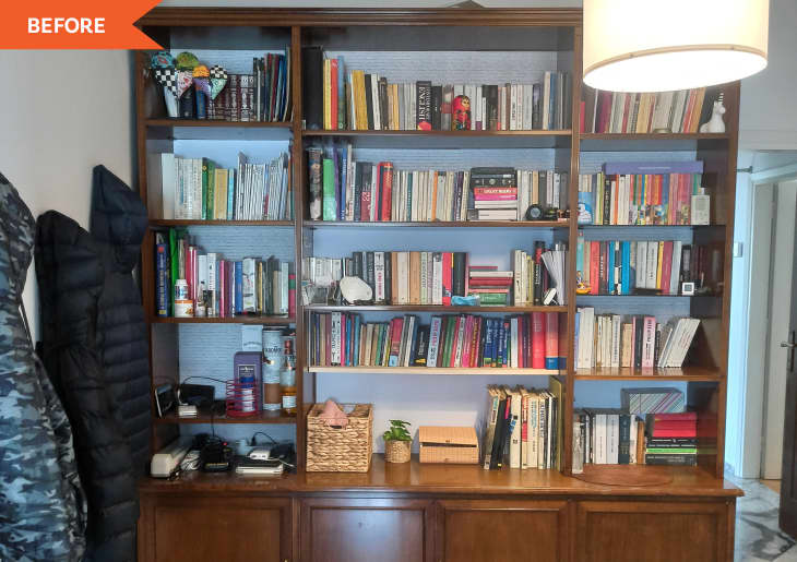 Before: Shiny brown bookcase holding books