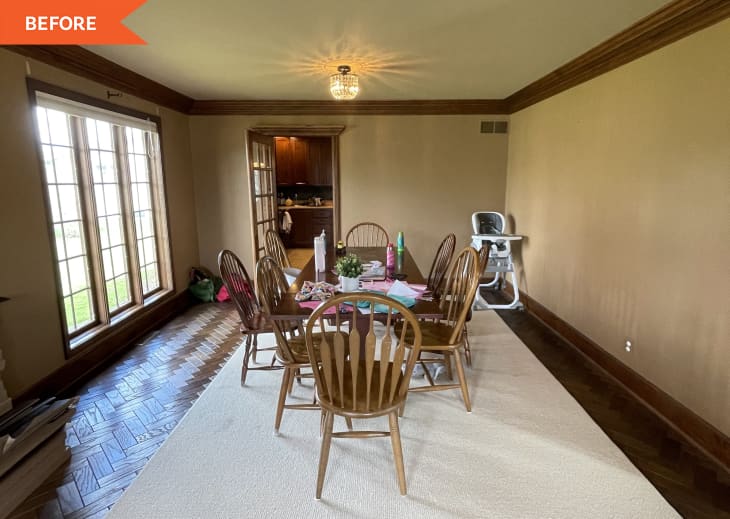 Before: Dining room with brown trim and beige grasscloth wallpaper