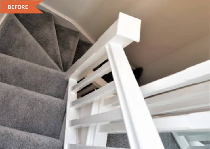 Carpeted staircase with white wooden railing, viewed from above, labeled "Before" in orange.