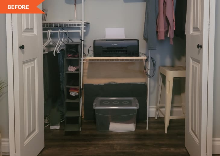 Before: Closet with gray walls and white wire shelves, filled with hanging clothes