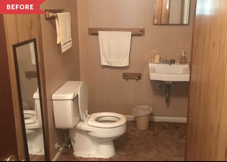 Before: Dated brown bathroom with brown carpeting