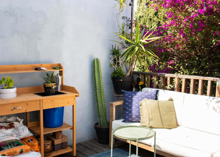 sunny outdoor patio area with wood bench with off white cushions, small green table, outdoor rug/mat, blooming bougainvillea plants and other potted plants