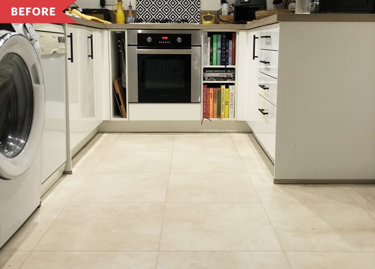 Before: White kitchen with white tile floors