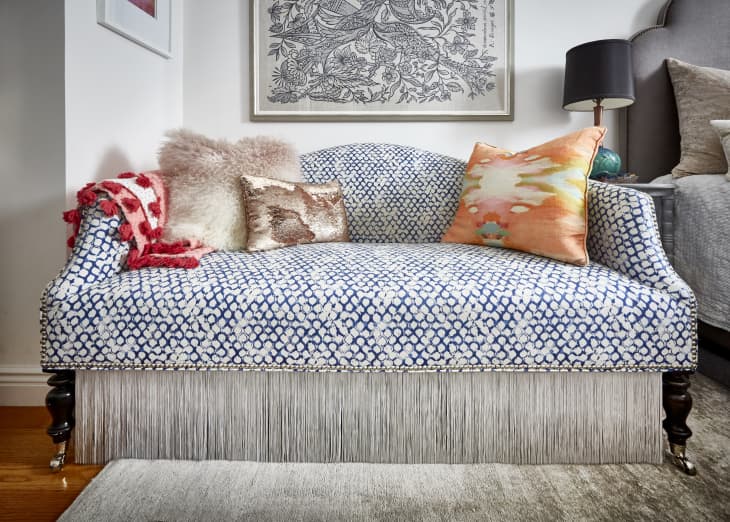 Erin Derby's printed sofa with a fringe skirt