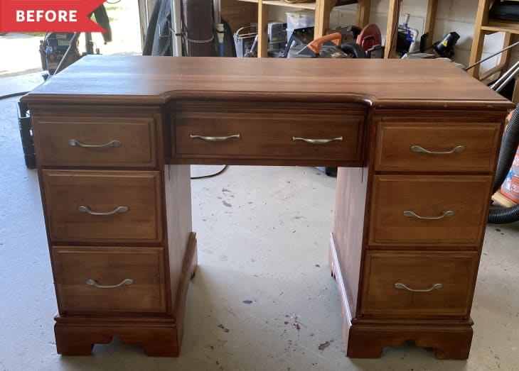 Before: Solid wood desk in garage
