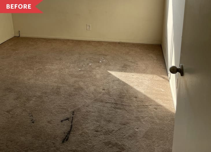 Before: Dingy white bedroom with stained brown carpet