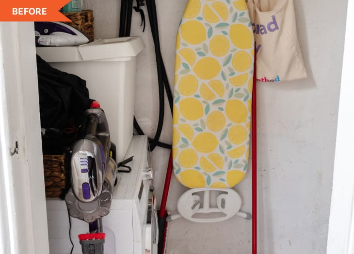 Before: Small cluttered laundry room