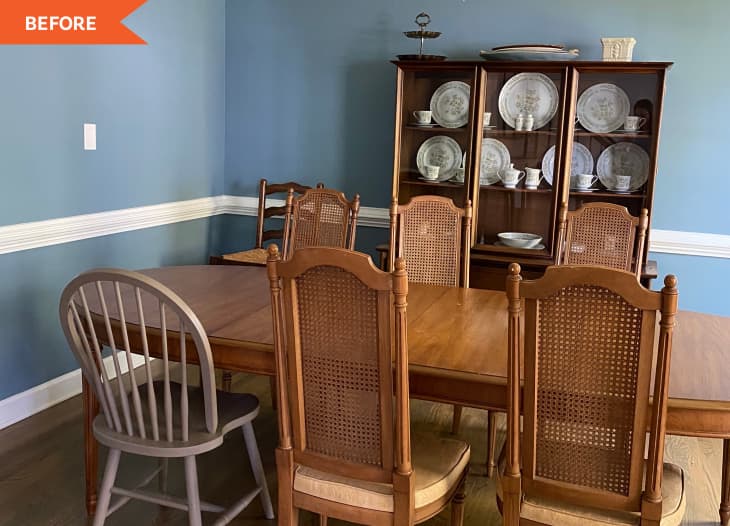 Before: Dining room with blue walls and antique furniture
