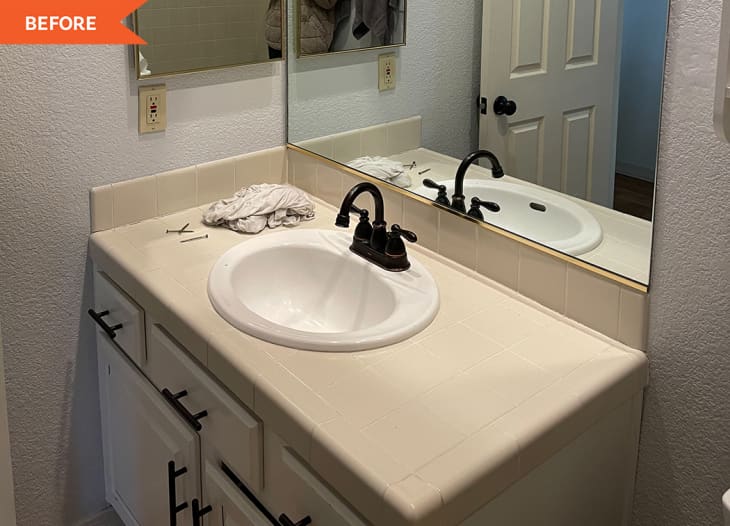 Before: Sink in tan bathroom
