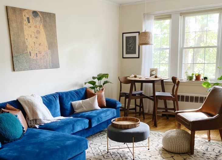 Living room with blue sofa