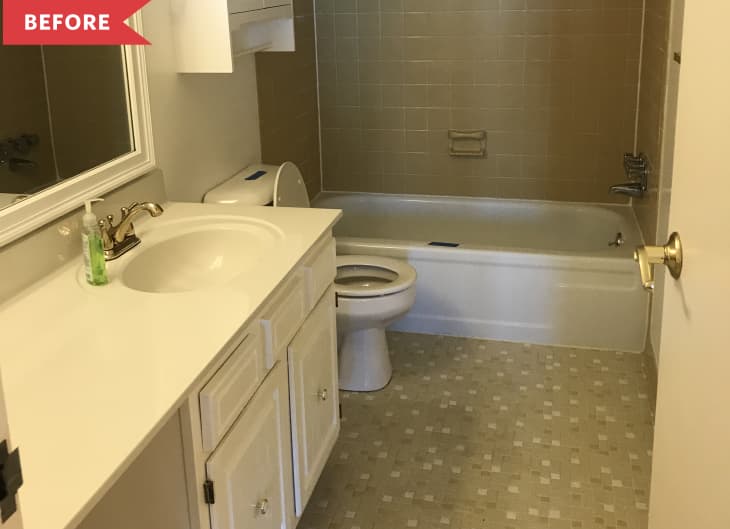 Before: Dingy bathroom with small square tile floor and beige tile shower