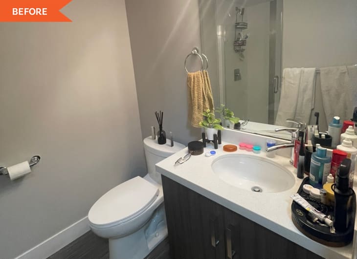 Small bathroom with a sink, toiletries, mirror, toilet, and shower. Beige towel on ring and small plant on counter.