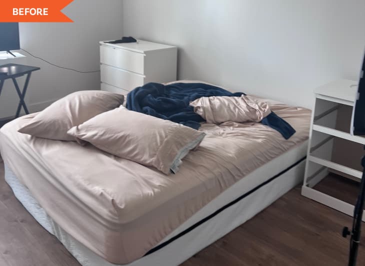 Before: Bed with no headboard flanked by two IKEA dressers on either side