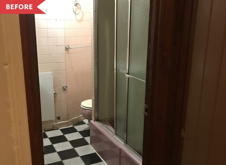 Before: Dated bathroom with black and white checkerboard floors and pink shower base