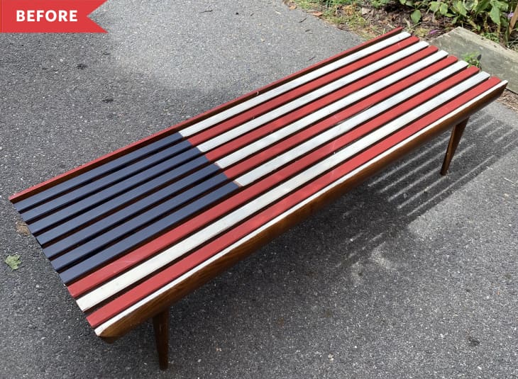 Before: Bench with American flag painted on top