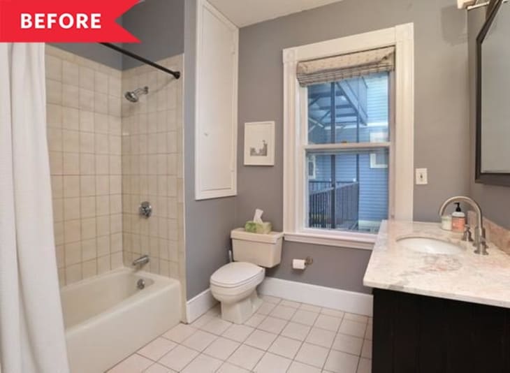 bathroom before renovation white tile floors