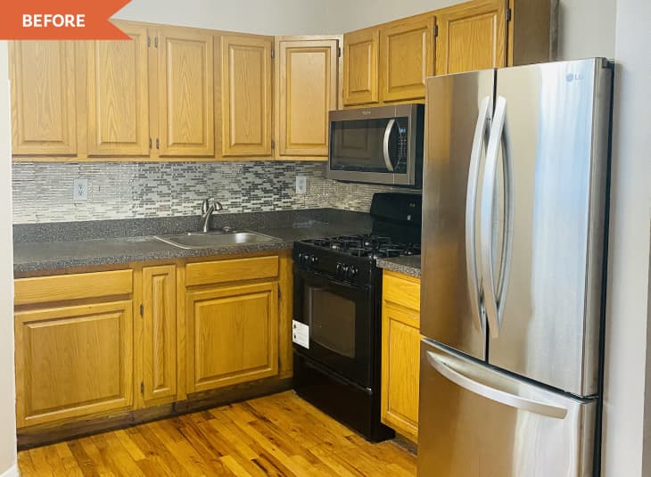 Before: Kitchen with orangey wood cabinets, gray counters, and black and stainless steel appliances