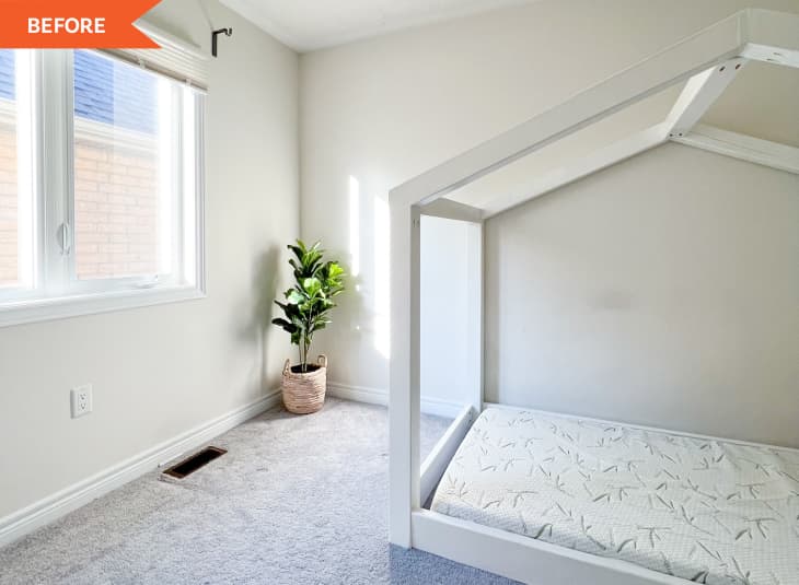 Before: White-walled room with house-shaped bed