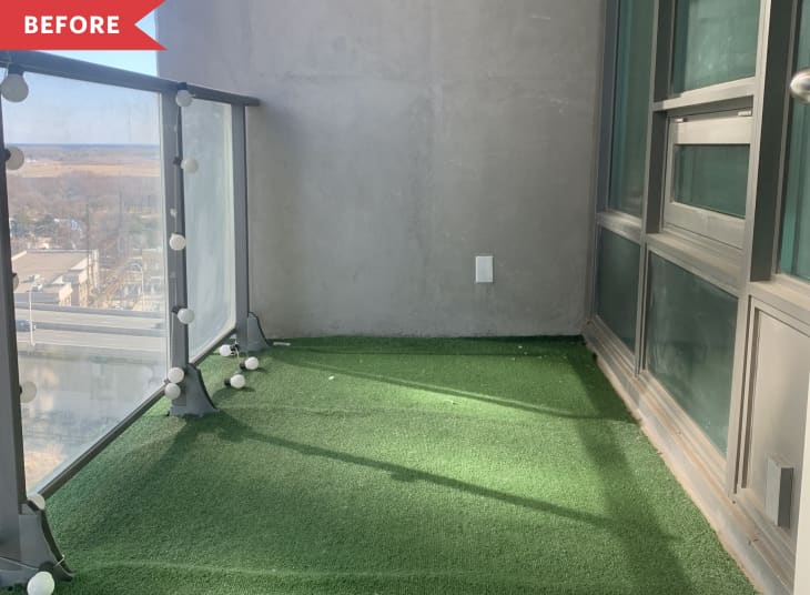 Before: Bare balcony with faux grass on the floor
