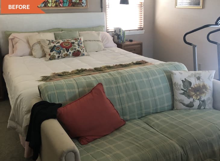 Before: bedroom with green loveseat in front of a bed. The bed has no headboard and a white duvet cover.