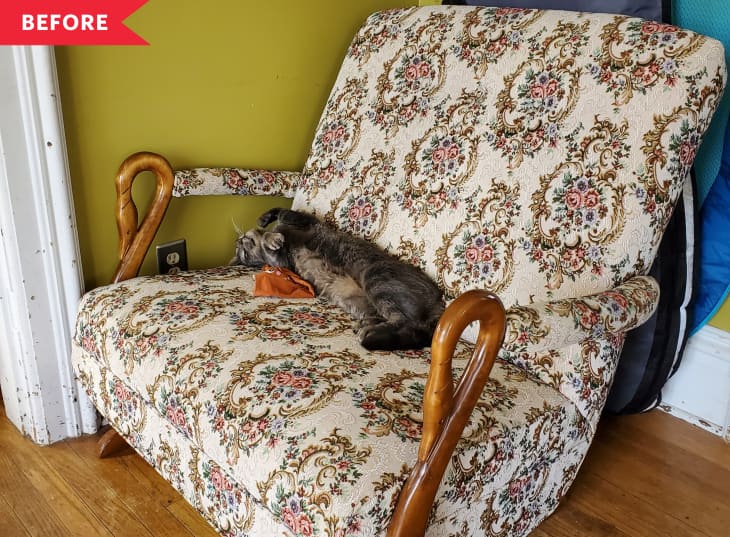 Before: Dated floral upholstered chair with swan arms