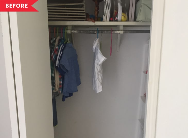 Small closet with hanging clothes, shelves above, and a "Before" label.