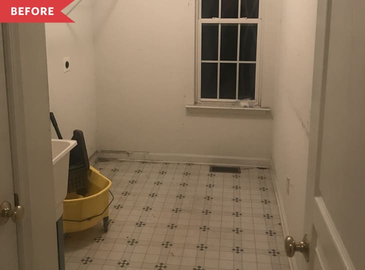 Before: Laundry room with white walls and faded vinyl floors