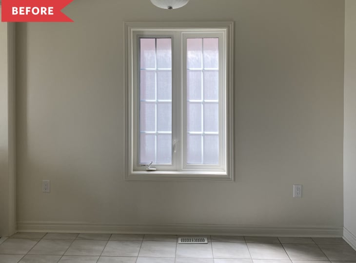 Before: blank dining room with beige walls and a domed pendant light