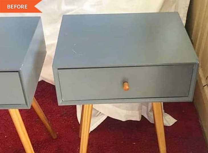 Before: Gray nightstand with tapered legs