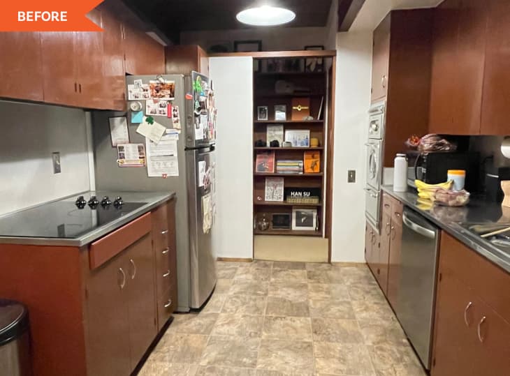 Before: Kitchen with brown floors and brown cabinets