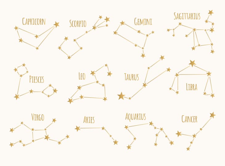 Set of golden constellations. Vector zodiac signs.