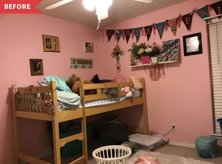 Before: Kids' bedroom with lofted bed, pink walls, and garland