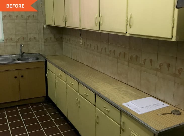 Before: Dated kitchen with yellow cabinets