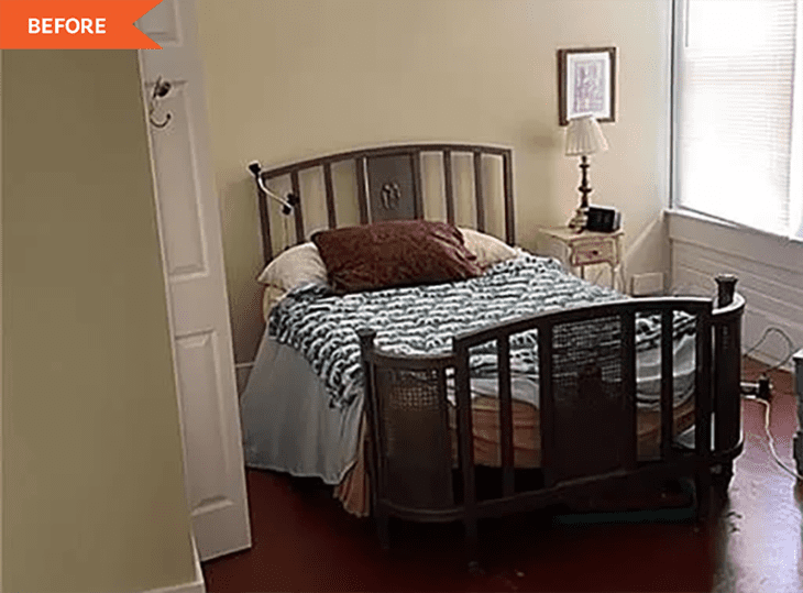 Before: Hodgepodge bedroom with butter-colored walls