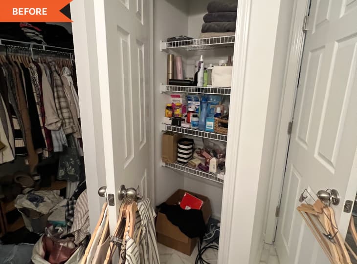 Before: a closet with hangers on the door knob