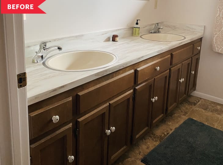 Before: Brown wood vanity with white knobs and white countertop