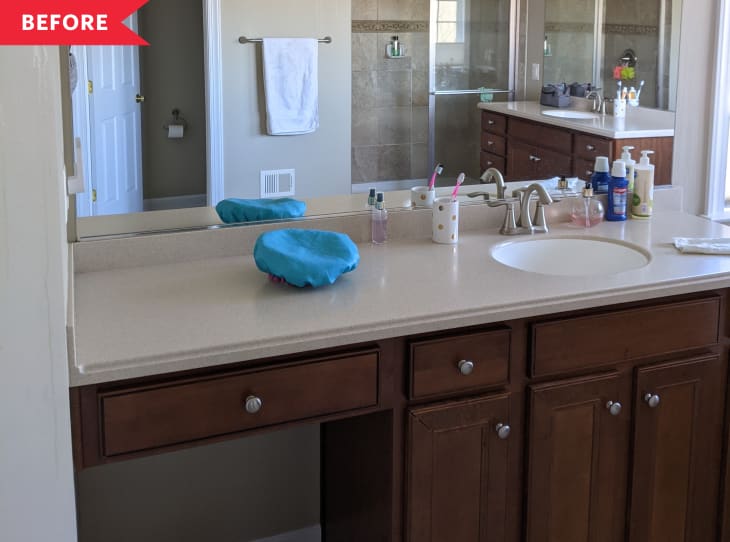 Before: Bathroom with wood vanity and beige countertop