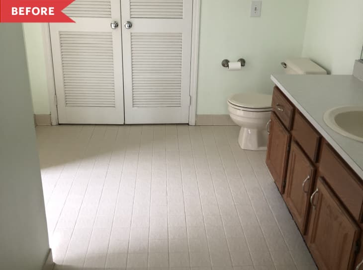 Before: Outdated bathroom with light mint green walls