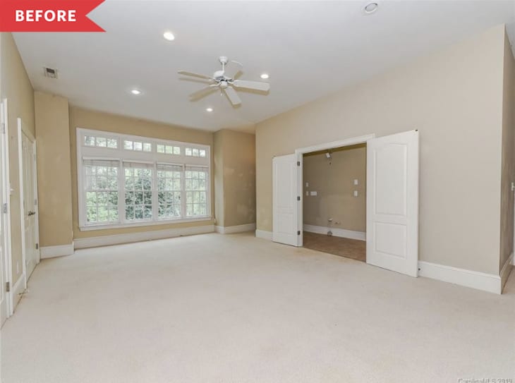 Before: Tan living room with beige carpet, multiple closets, and entry to a laundry room
