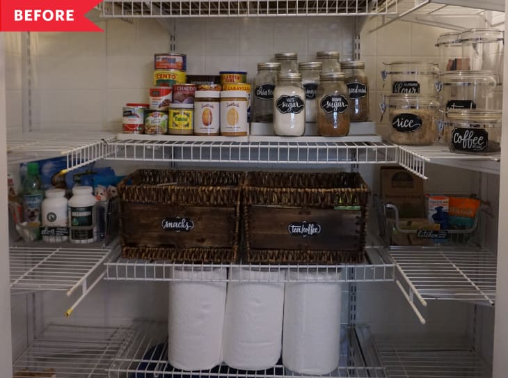 Before: Organized pantry with wire shelving