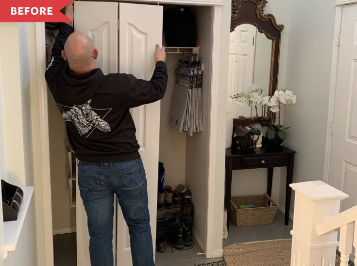 Before: Man removing doors from hall closet