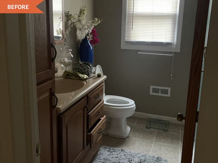 Before: Dated beige bathroom